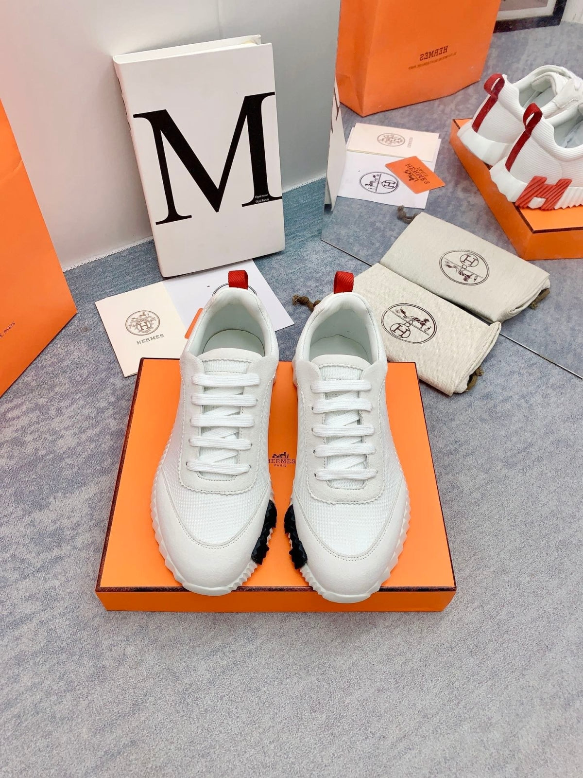 에르메스 바운싱 스니커즈 캔버스 스웨이드 고트스킨 & 블랑 오랑쥬