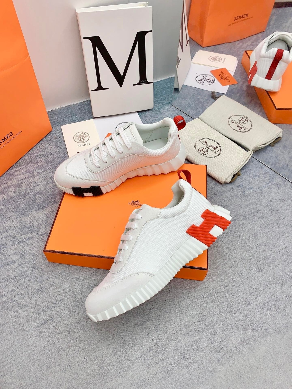 에르메스 바운싱 스니커즈 캔버스 스웨이드 고트스킨 & 블랑 오랑쥬