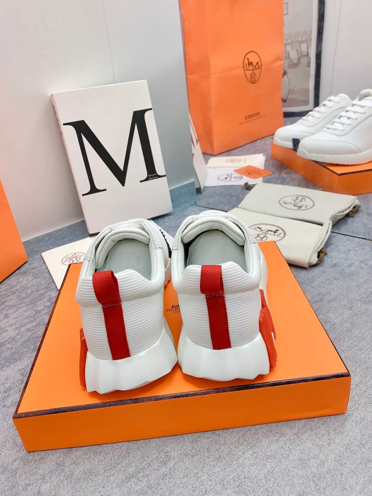 에르메스 바운싱 스니커즈 캔버스 스웨이드 고트스킨 & 블랑 오랑쥬