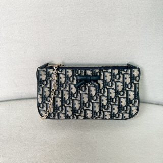 디올 오블리크 보우 체인 파우치 디올 오블리크 자카드 블루