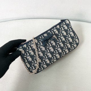 디올 오블리크 보우 체인 파우치 디올 오블리크 자카드 블루